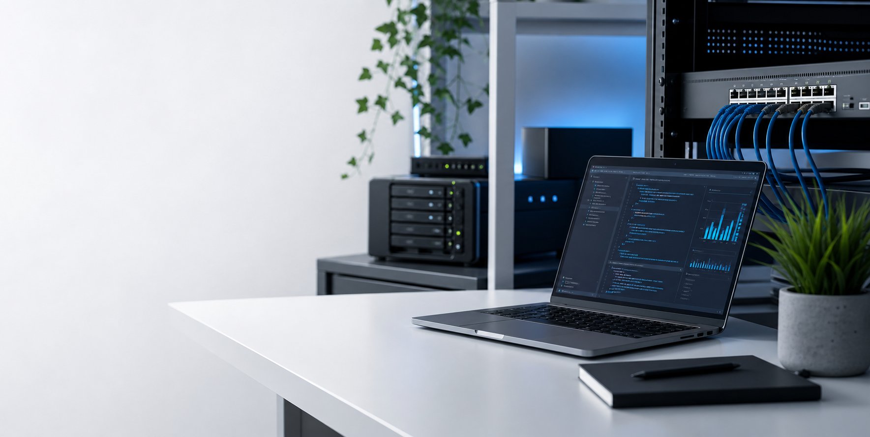 Moderní IT pracovní prostředí s notebookem a síťovou technikou